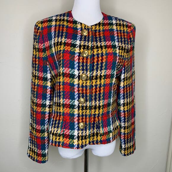 Vintage Blazer Plaid Red Green Gold Black Large Gold Buttons Sz 10 - Picture 1 of 7